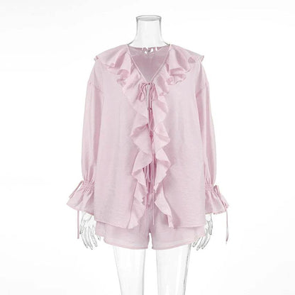 Tuularose Women's Ruffled Tie Top & Shorts Set - Casual Office Style - Buy Center