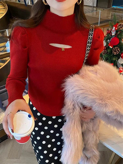 AOSSVIAO Turtleneck Sweater for Women - Hollow-out Ribbed Pullover - Buy Center