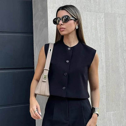 TRAFCN Women's Black O-Neck Sleeveless Vest - Casual Office Style - Buy Center