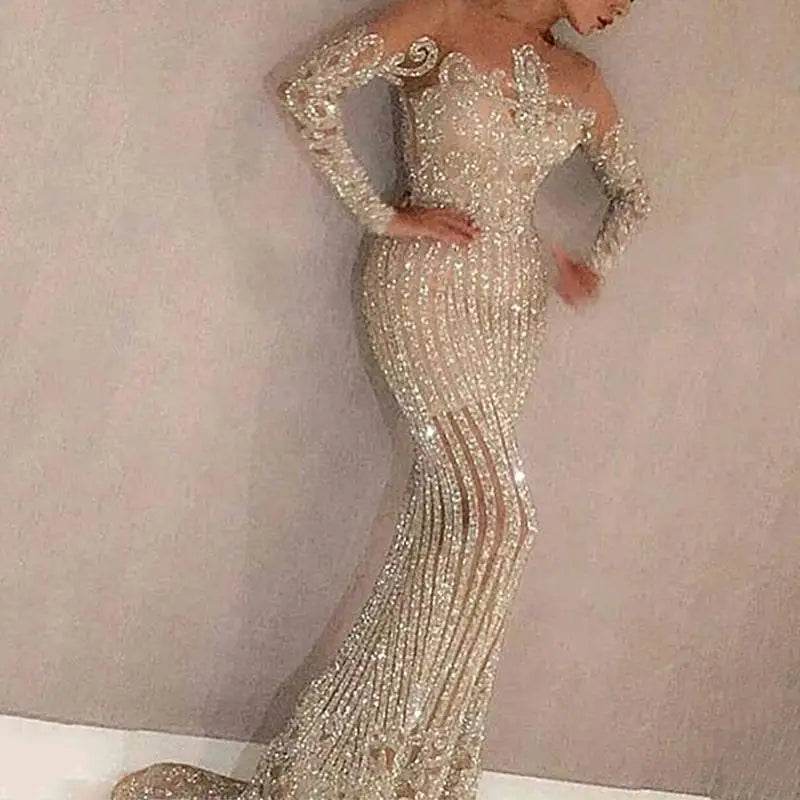 Avalokite Shiny Sequin Long Sleeve Golden Maxi Dress for Weddings - Buy Center
