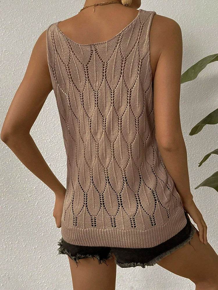 Elegant Hollow Knit V-Neck Sweater Vest - Stylish Women's Top - Buy Center
