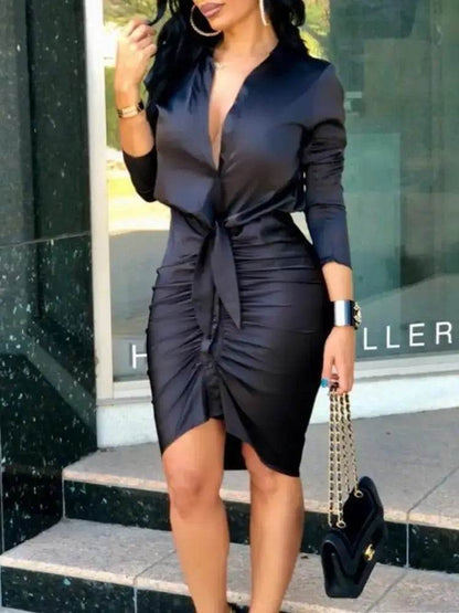 Elegant Women's Long Sleeve Button-Down Shirt Dress - Mini Length - Buy Center