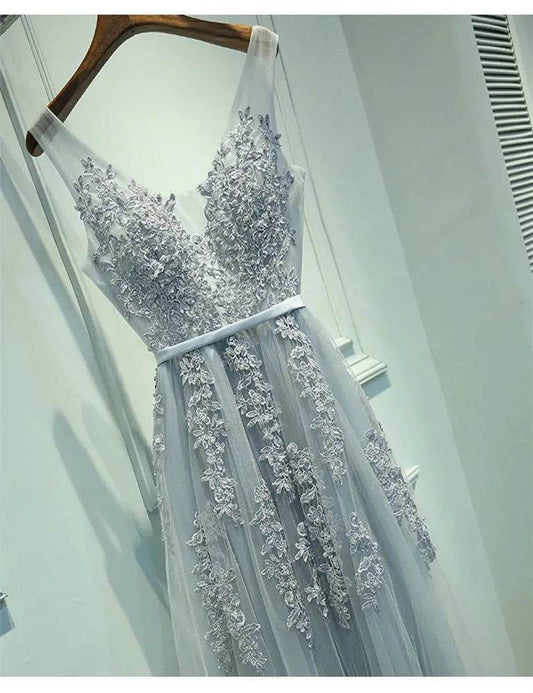 Elegant A-Line V-Neck Tulle Dress - Sleeveless Prom Gown for Women - Buy Center