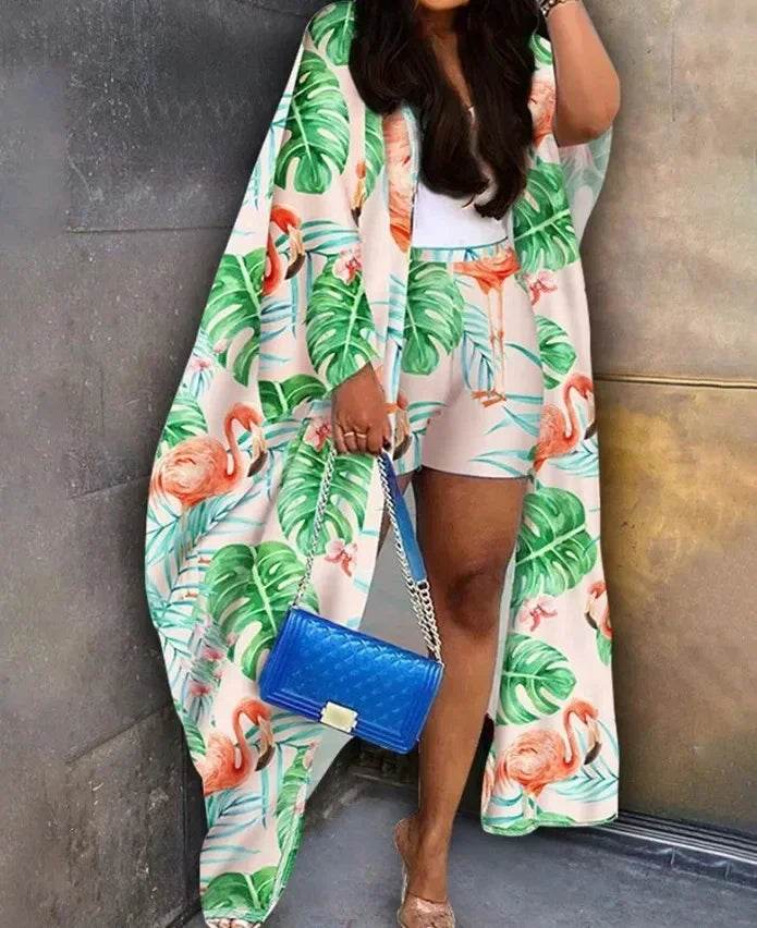 Kalenmos Women's Abstract Print Batwing Sleeve Cardigan & Shorts Set - Buy Center