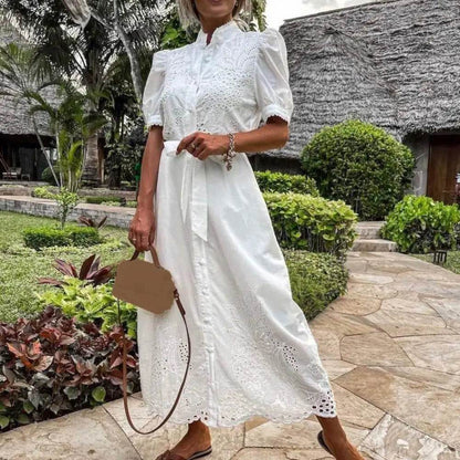 Elegant Women’s Lace-up Maxi Dress - Summer Puff Sleeve A-Line - Buy Center