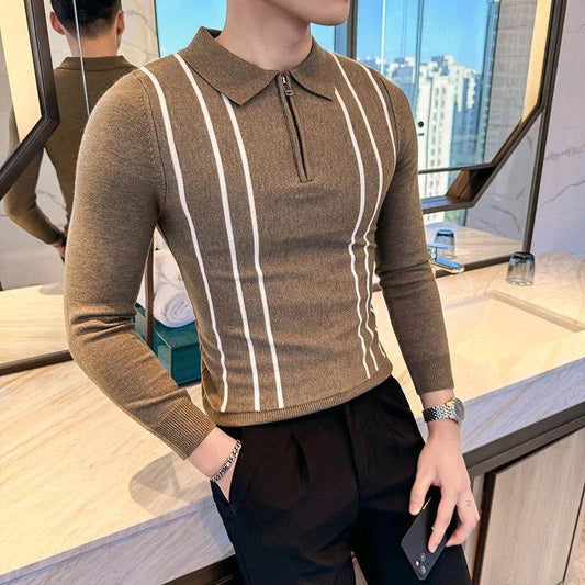 2024 Autumn Winter New Striped Sweater For Men Fashion Zipper Flip Collar Knitted Polo Shirt Men's Long Sleeve Slim Casual Pull - Buy Center