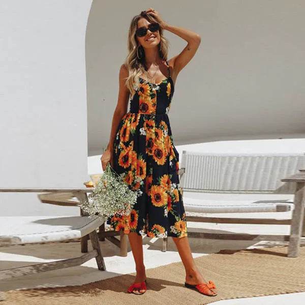 Women's Beach Print Midi Dress - Spaghetti Strap V-Neck Style - Buy Center