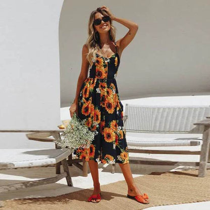 Women's Beach Print Midi Dress - Spaghetti Strap V-Neck Style - Buy Center
