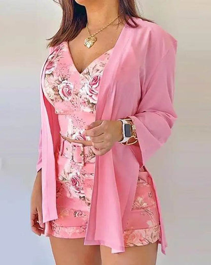 Elegant Floral Print Top & Shorts Set with Long Sleeved Coat - Buy Center