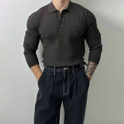 Mens Pullover Polo Korean Retro Stripe Temperament Ribbed Knit Top Autumn Slim Fit Long Sleeve Casual Trend Muscle Men's Clothes - Buy Center