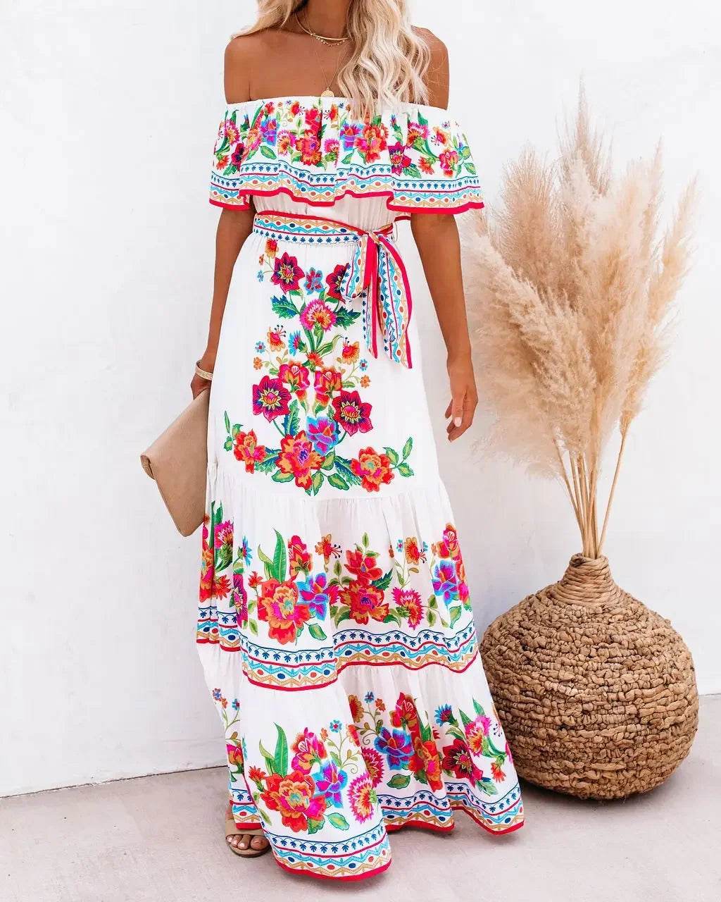 2024 Spring Summer Off-shoulder Red Floral Dress - Loose Fit Style - Buy Center