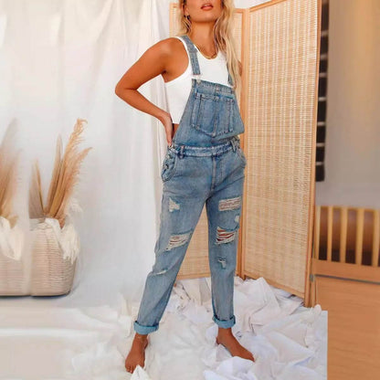 WQAFVG Women's Hole Patched Elastic Jeans Overalls - Casual Fit - Buy Center