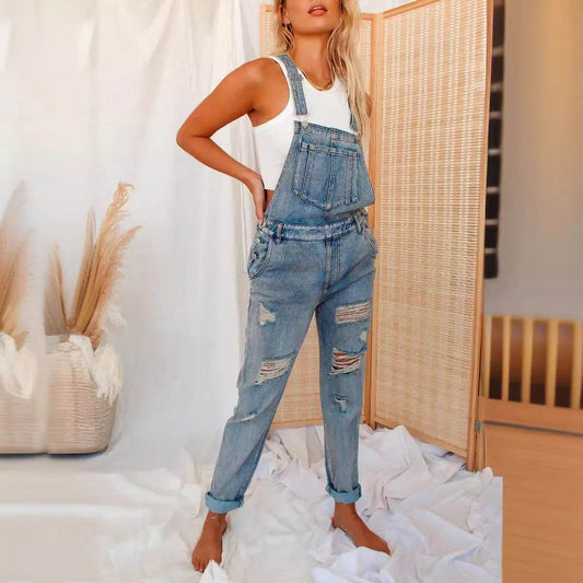 WQAFVG Women's Hole Patched Elastic Jeans Overalls - Casual Fit - Buy Center