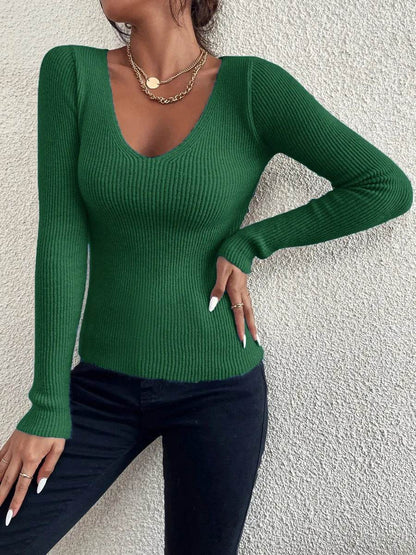 Cropped Top Lady Women’s V-Neck Striped Rib Knit Pullover Sweater - Buy Center