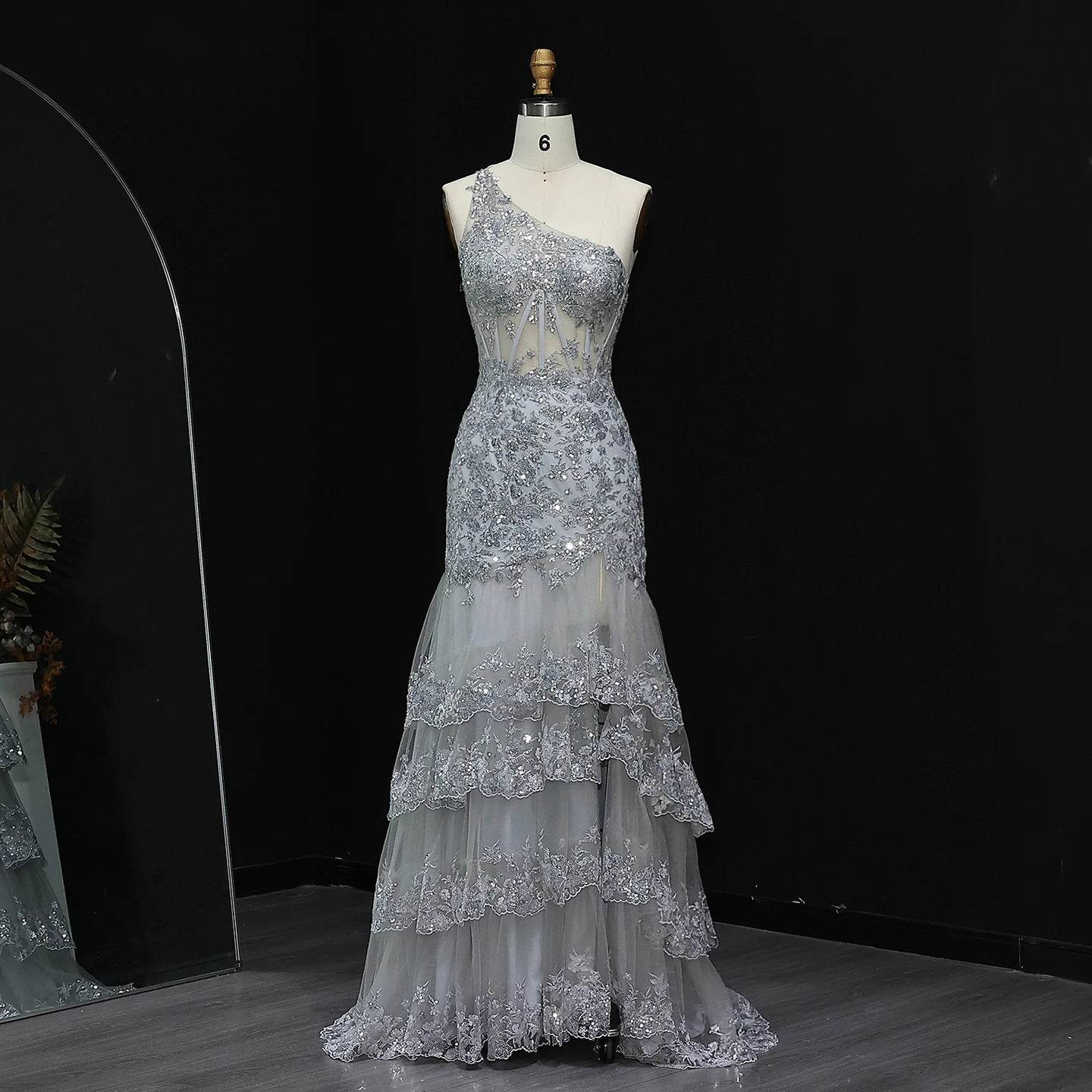 Sharon Said Sequin Evening Dress - One-Shoulder Gown with High Slit - Buy Center