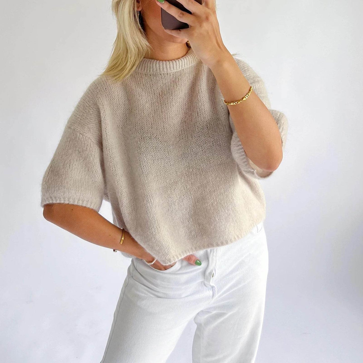 Imcute Women's Short Sleeve Crop Sweater - Casual Vintage Knitwear - Buy Center