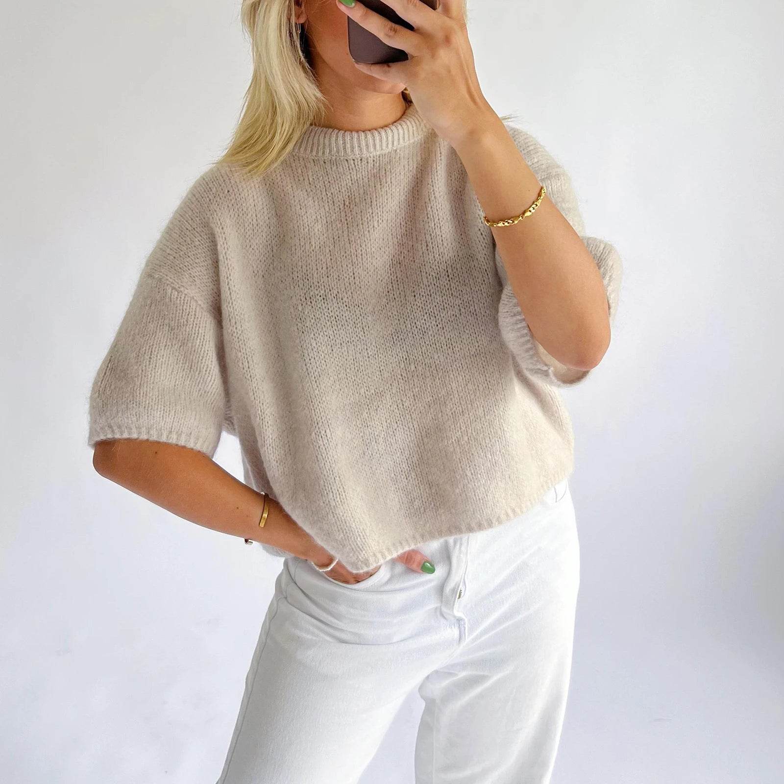Imcute Women's Short Sleeve Crop Sweater - Casual Vintage Knitwear - Buy Center