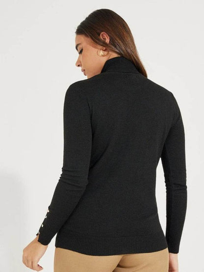Women's Cropped Turtleneck Sweater with Buttons - Casual Knit Pullover - Buy Center