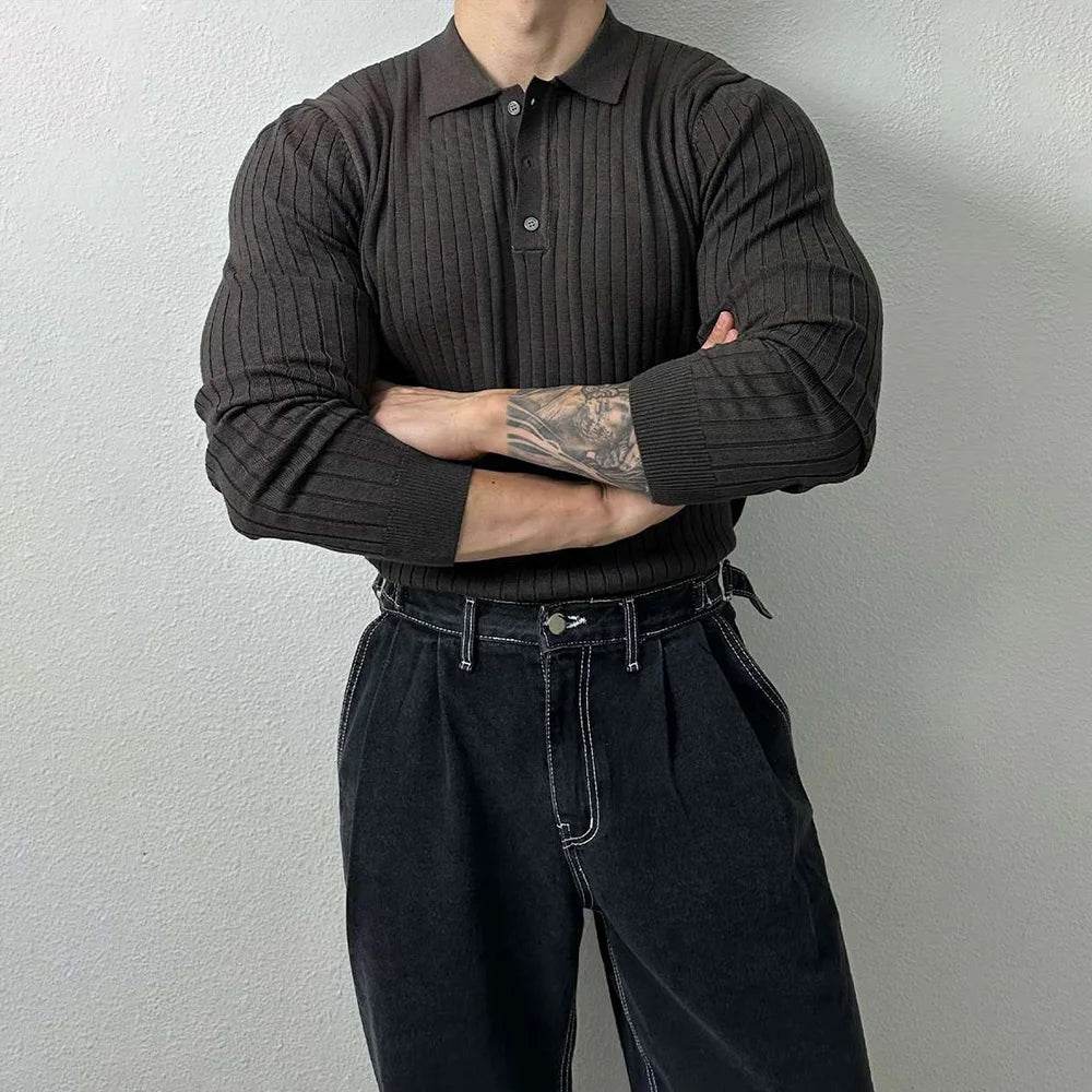 Mens Pullover Polo Korean Retro Stripe Temperament Ribbed Knit Top Autumn Slim Fit Long Sleeve Casual Trend Muscle Men's Clothes - Buy Center