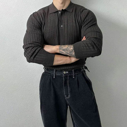 Mens Pullover Polo Korean Retro Stripe Temperament Ribbed Knit Top Autumn Slim Fit Long Sleeve Casual Trend Muscle Men's Clothes - Buy Center