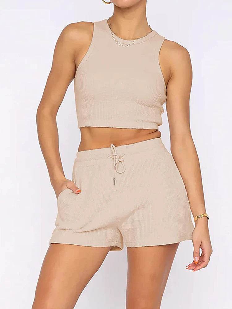 Women's 2024 Summer Sleeveless Waffle Two-Piece Set - Casual & Elegant - Buy Center