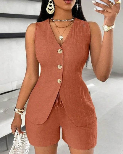 Stylish Women's V-neck Shorts Set - Solid Color, Sleeveless Design - Buy Center