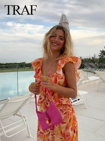 TRAFZA Women’s Bohemian V-Neck Ruffle Dress - Backless Orange Style - Buy Center