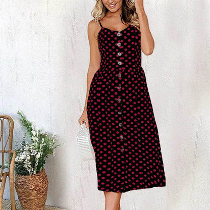 Women's Beach Print Midi Dress - Spaghetti Strap V-Neck Style - Buy Center