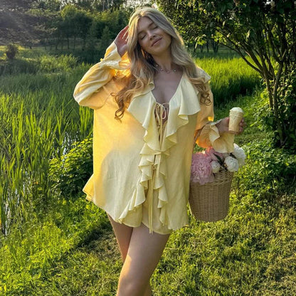 Tuularose Women's Ruffled Tie Top & Shorts Set - Casual Office Style - Buy Center