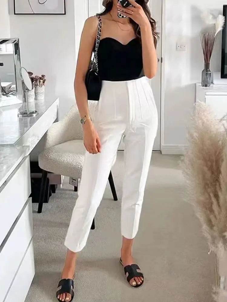 TRZA High Waist Solid Pants - Casual Ankle Trousers with Pockets - Buy Center