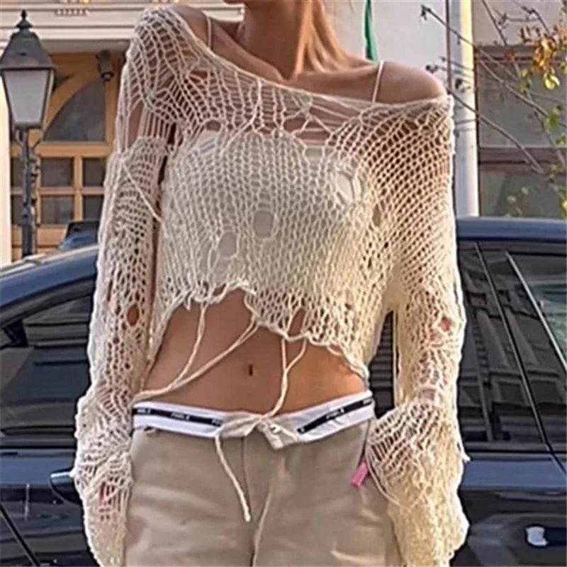 Chic Hollow Out Knit Sweater - Women's Grunge Slash Neck Pullover - Buy Center