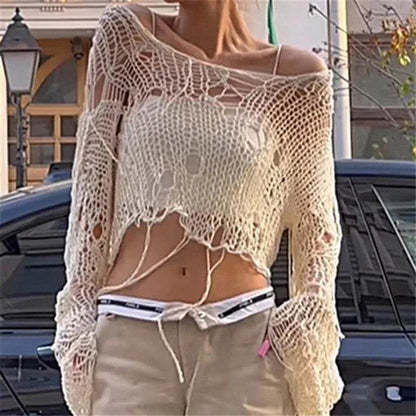 Chic Hollow Out Knit Sweater - Women's Grunge Slash Neck Pullover - Buy Center