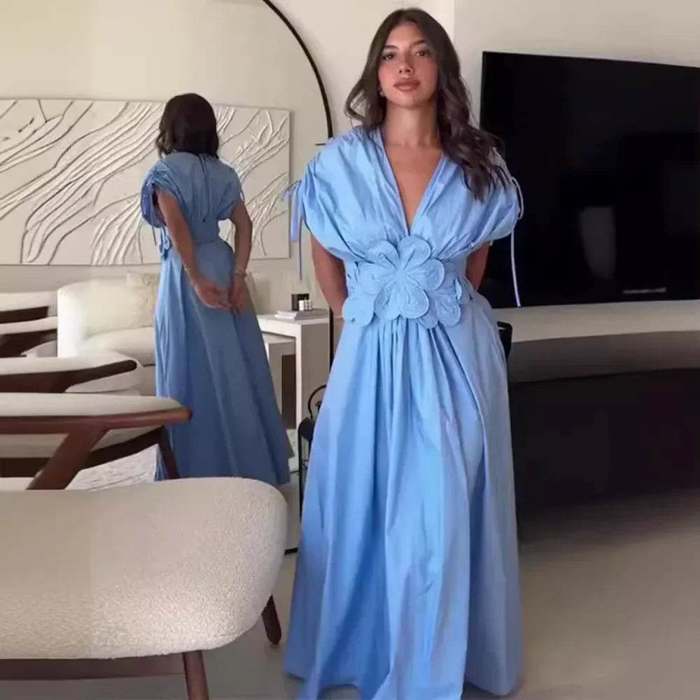 Elegant Blue V-Neck Long Dress - Waist-Fitted Bow Decor for Women - Buy Center