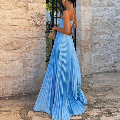 ELSVIOSE Blue High Waist Pleats Dress - Sexy Halter Summer Style - Buy Center