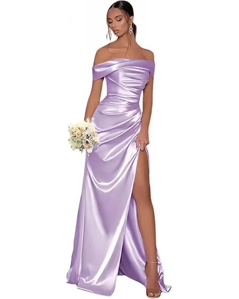 Stunning Off The Shoulder Satin Mermaid Prom Dress - High Split Design - Buy Center