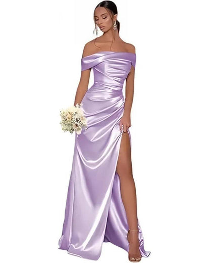Stunning Off The Shoulder Satin Mermaid Prom Dress - High Split Design - Buy Center