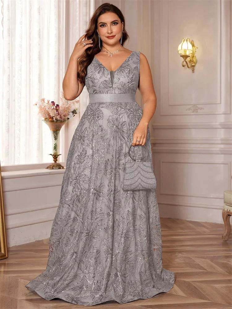Elegant Plus Size Deep V-Neck Sequins Evening Dress - Lucy in Love - Buy Center