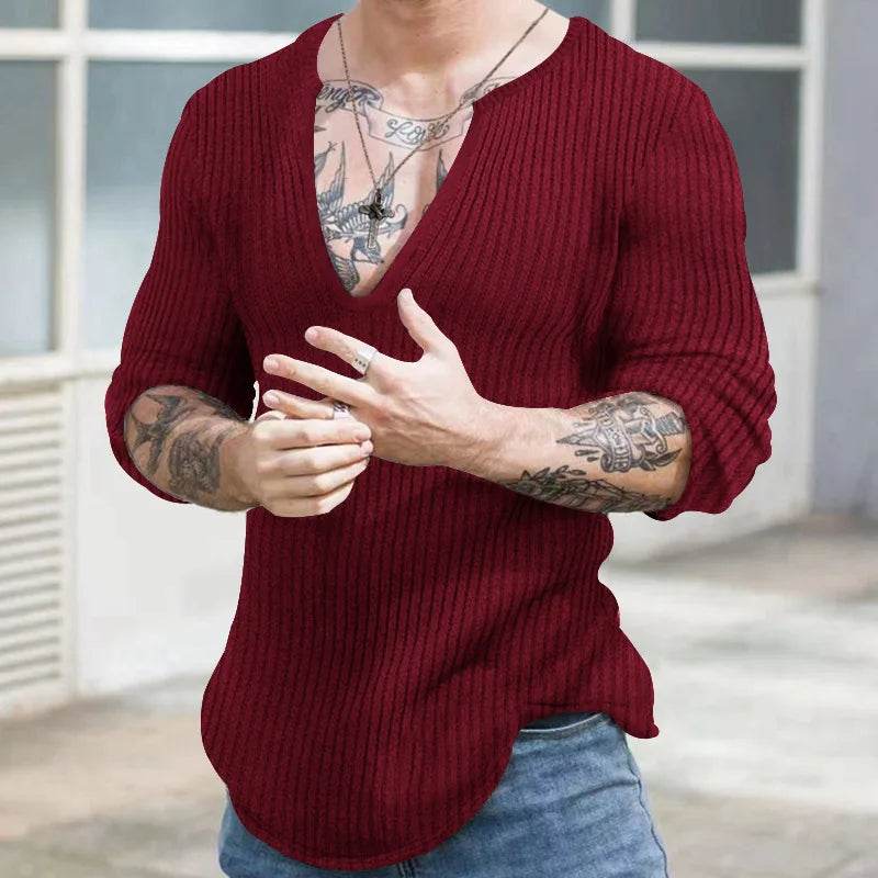 Men's V-Neck Casual Sweater - Autumn Winter Solid Color Knitted Pullover - Buy Center