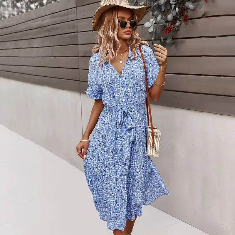 Bohemian Floral Print Midi Dress - Short Sleeve V-Neck Women's Wear - Buy Center