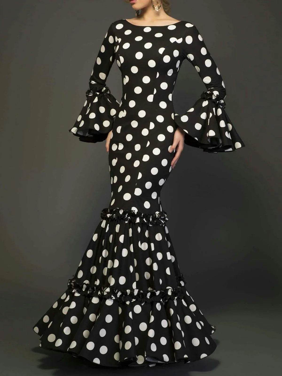 Elegant Ladies Evening Dress - Polka Dot Flare Sleeve Fishtail Style - Buy Center