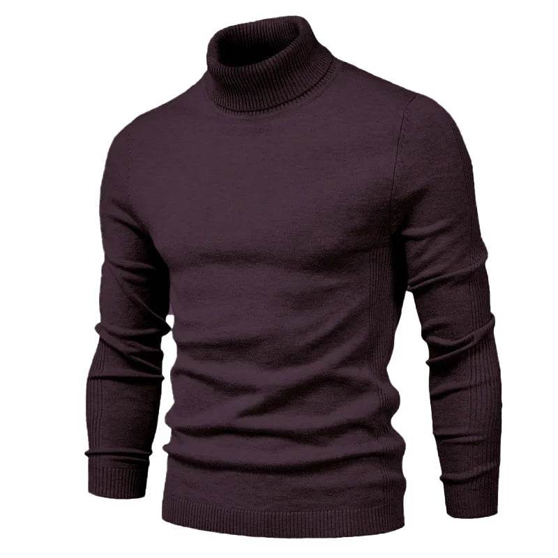 Men's Solid Color Pullover Sweater - High Neck Casual Knitwear - Buy Center