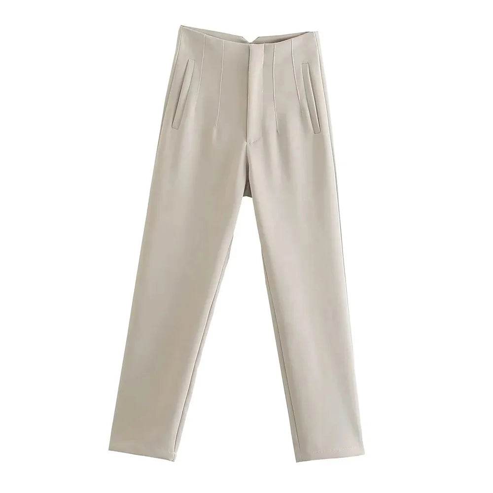 TRZA High Waist Solid Pants - Casual Ankle Trousers with Pockets - Buy Center