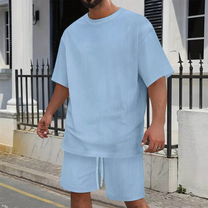 Men's Summer Leisure Suit - Solid Color T-Shirt & Drawstring Shorts Set - Buy Center