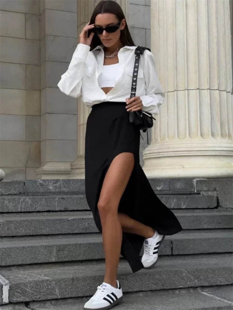 Tossy High Waist Black Maxi Skirt for Women - Casual Side Split Style - Buy Center