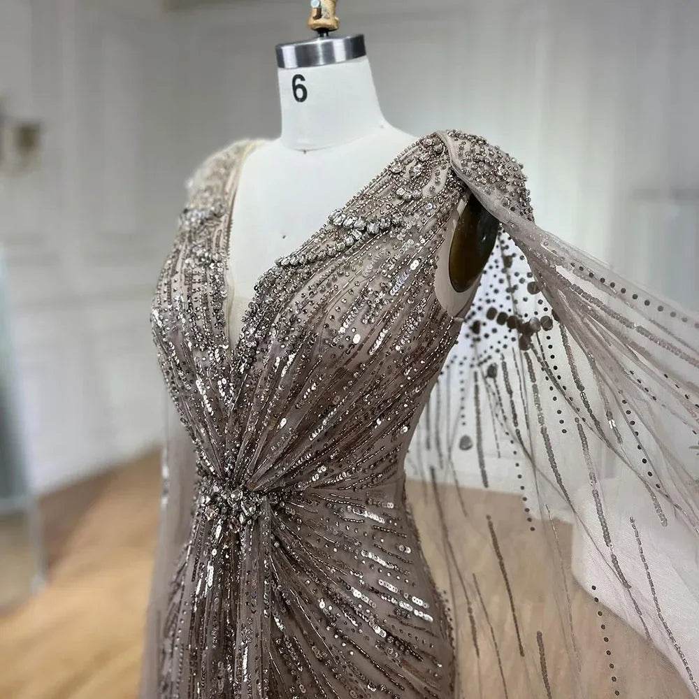 Serene Hill Turquoise Mermaid Evening Dress with Beaded Cape Sleeves - Buy Center