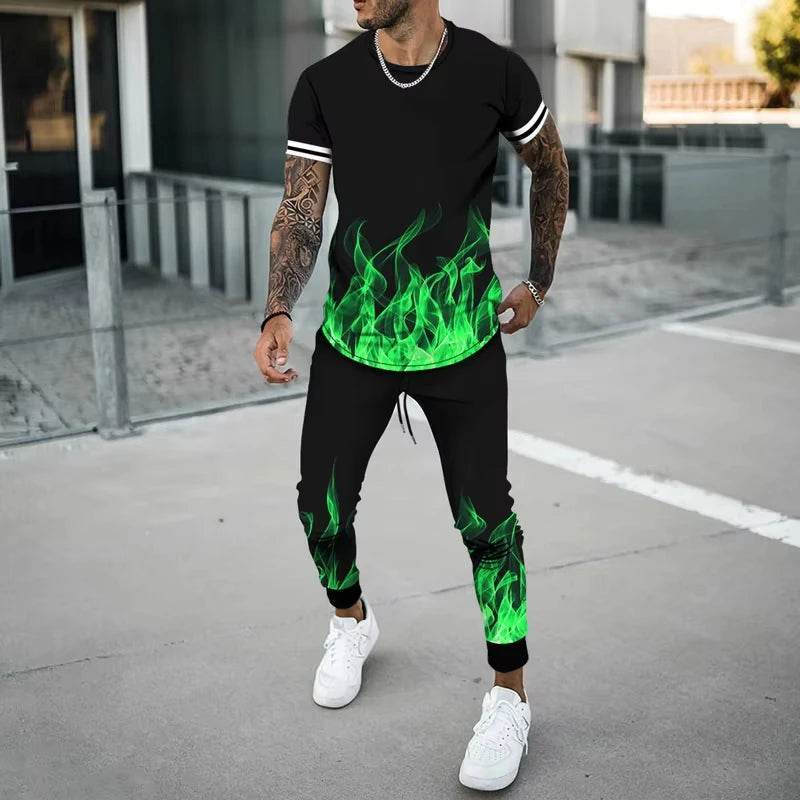 Flame 3D Printed Casual Summer Set - Short Sleeve T-Shirt & Pants - Buy Center