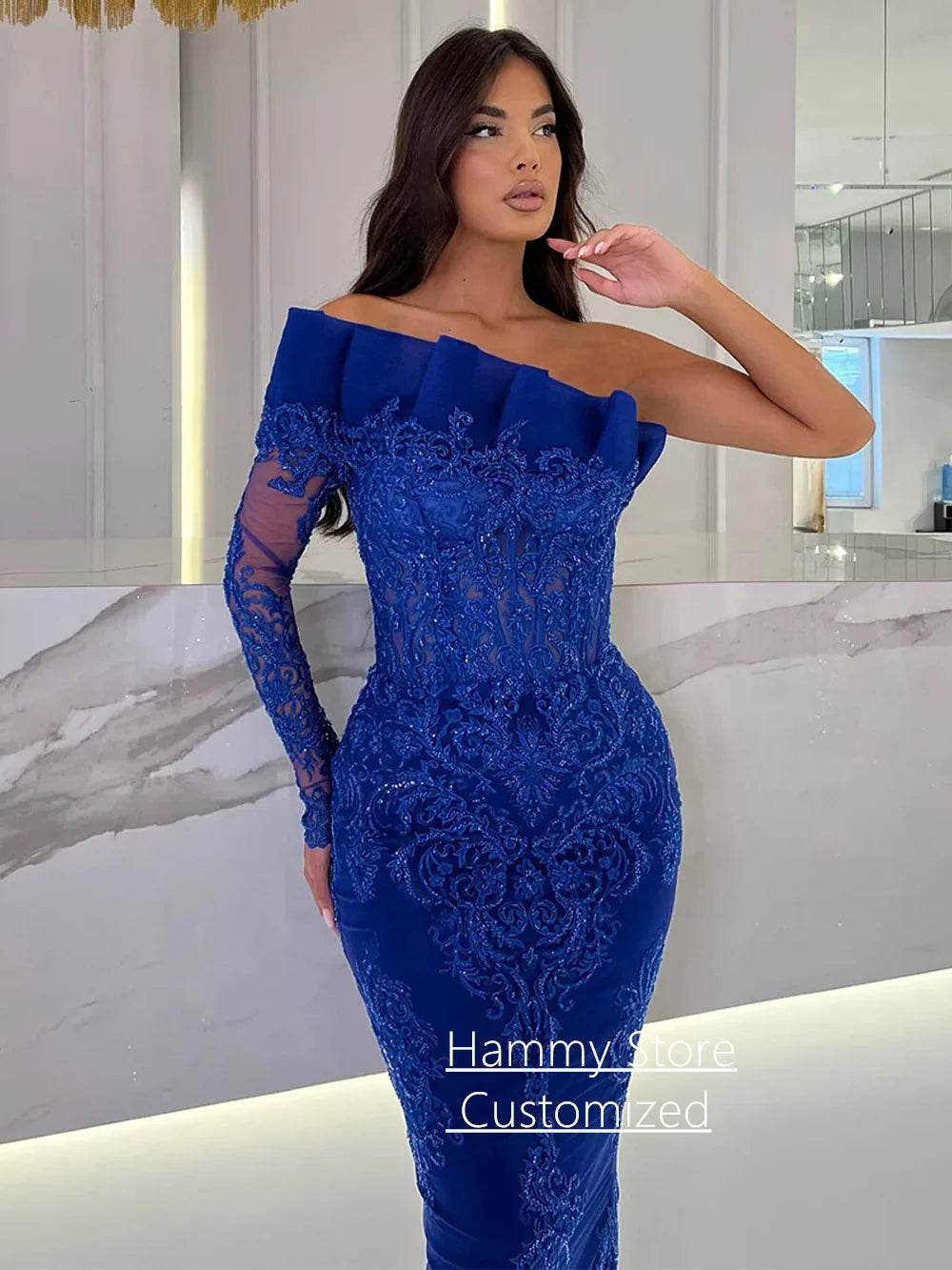 Light Blue Mermaid Evening Dress - One Shoulder, Sequined Appliques - Buy Center