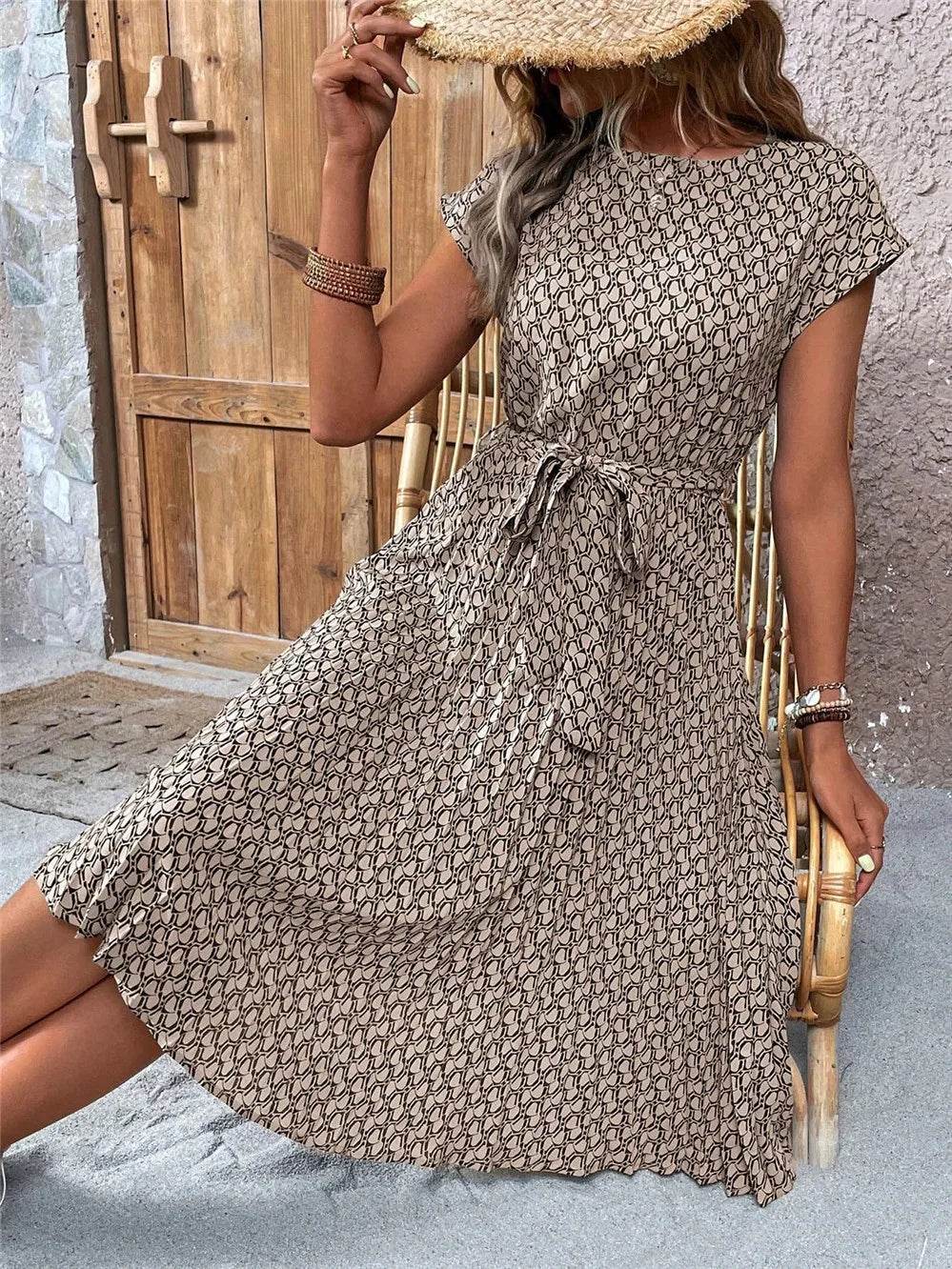 Elegant Print Lace-up Dress for Women - Summer Casual A-Line Style - Buy Center