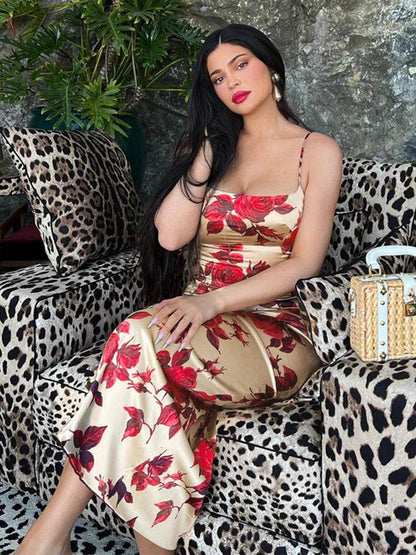 Hugcita Summer Y2K Floral Print Bodycon Midi Dress for Women - Buy Center