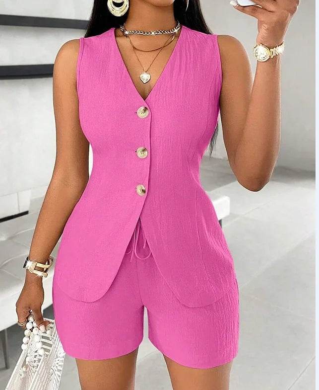Stylish Women's V-neck Shorts Set - Solid Color, Sleeveless Design - Buy Center